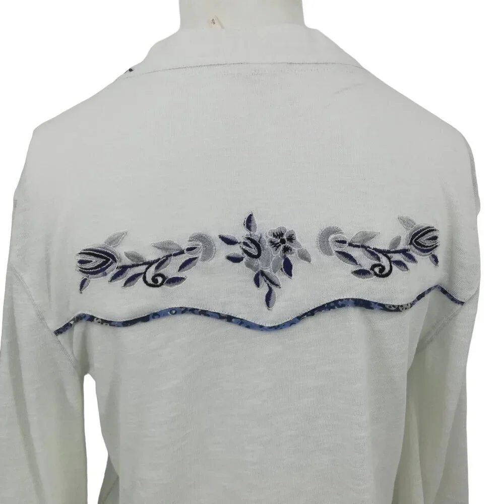 Free People Embroidered Floral Lace Henley Pearl Snap Shirt Size S Puff Sleeve